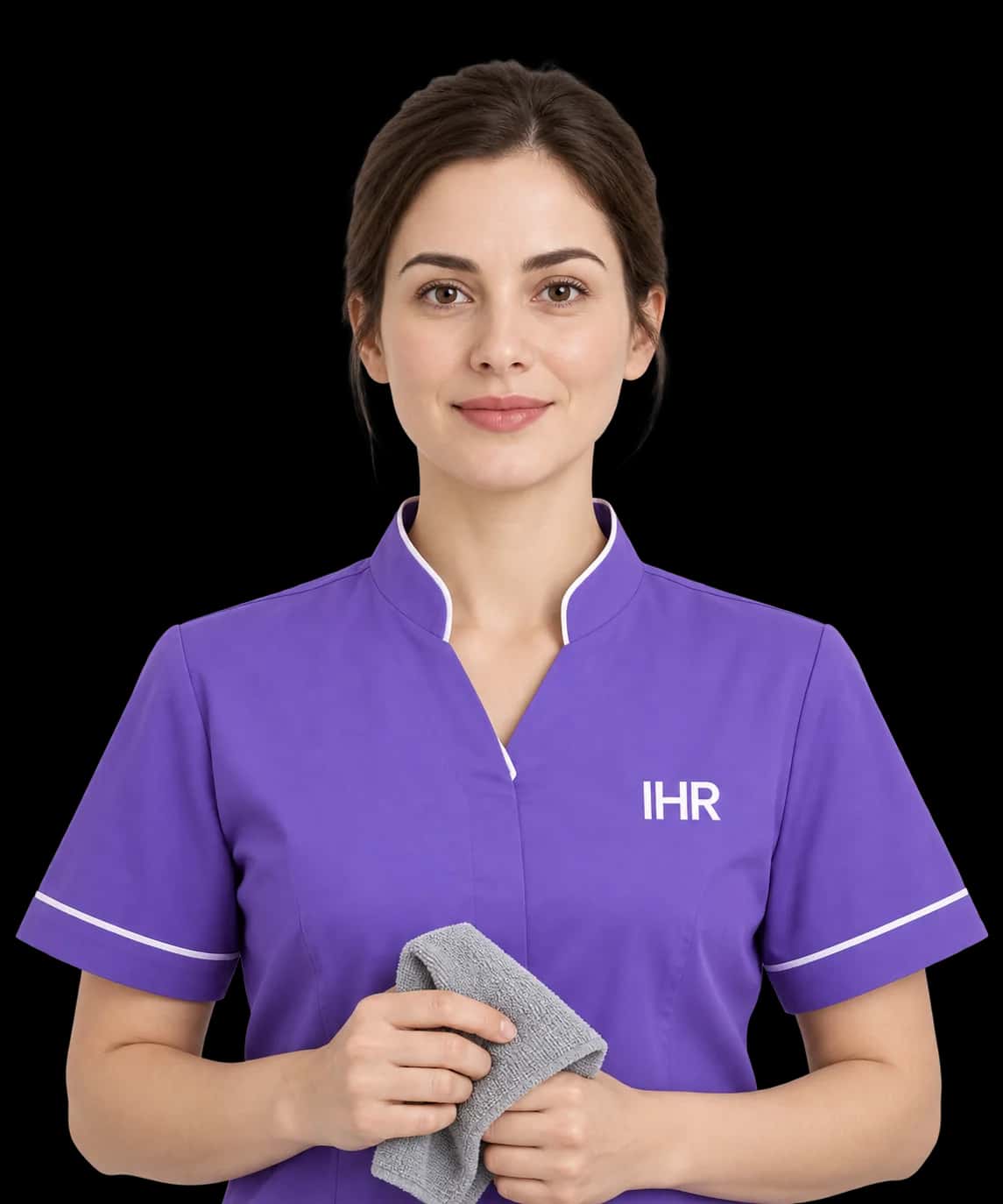 IHR Dream Cleaning cleaner in a purple uniform holding a microfibre cloth